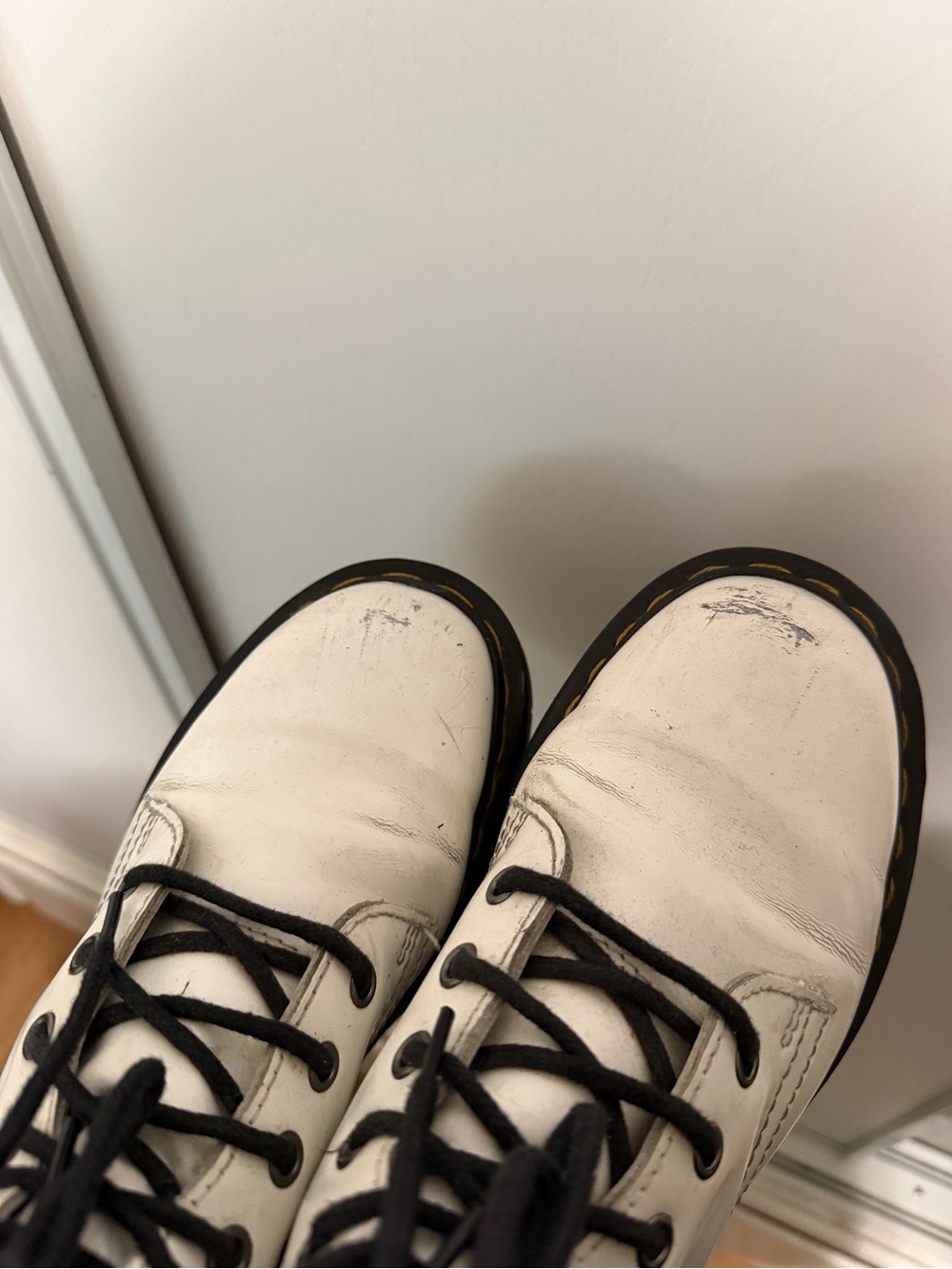 White Leather Combat Boots with Black Laces platfo - Picture 7 of 12